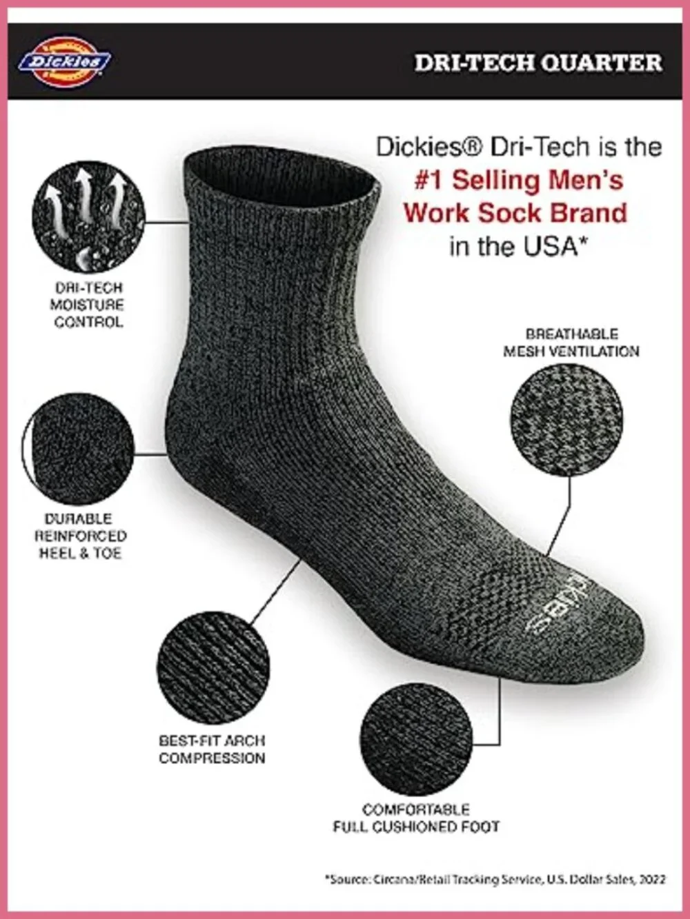 Dickies Dri-Tech Moisture Control Quarter Socks Cushioned Work Socks